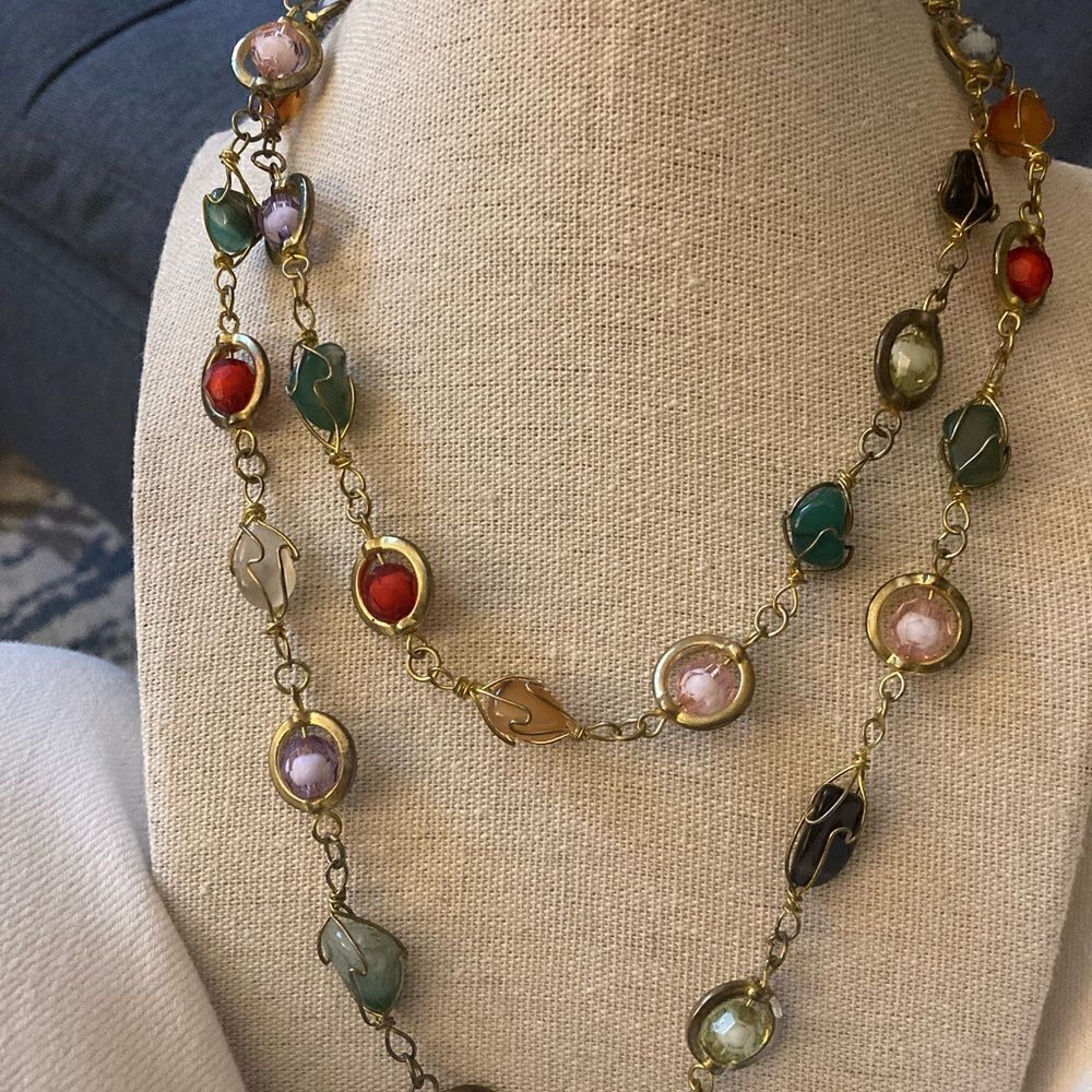 Vintage GoldTone Long Necklace With Genuine Multi Color Caged Gemstones
